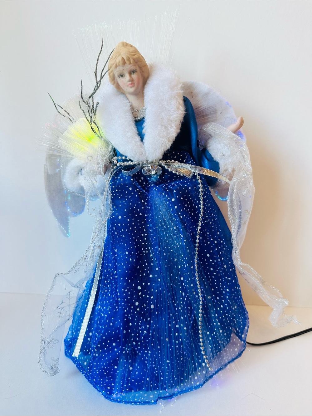 Fiber Optic Angel Christmas Tree Topper Blue Silver Gown Color Changing Lighted